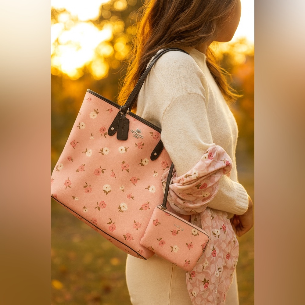 COACH TOTE (TOSSED PEONY PRINT ) , Wristlet and Matching Scarf (New)